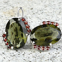 Oval moldavite earrings and garnets standard cut Ag 925/1000 + Rh