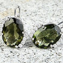 Oval earrings with moldavites and zircons Ag 925/1000 + Rh