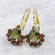 Gold moldavite earrings and garnets 7 x 5mm Au 585/1000 14K 3.34g (standard cut)