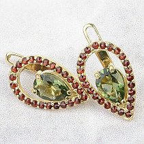 Moldavite and garnets drop earrings 8 x 5mm gold Au 585/1000 (3.96g)