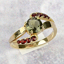 Moldavite and garnets gold ring size 56 Au 585/1000 14K 3.35g