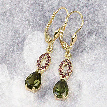 Moldavite and garnet dangling earrings gold 14K Au 585/1000 (3.62g)