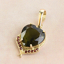 Gold pendant moldavite and garnets heart 12 x 12mm standard gold brooch 14K Au 585/1000 3.14g