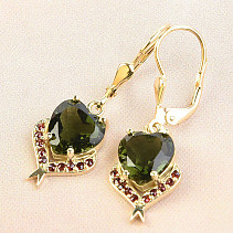 Earrings of moldavite and garnets 9 x 9mm gold Au 585/1000 4,54g