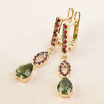 Ladies pendant gold earrings moldavite and garnets drop 8 x 6mm Au 585/1000 4.97g