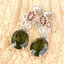 Luxury earrings with moldavite and oval garnets 11 x 9mm standard Ag 925/1000 Rh