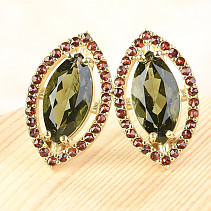 Luxury earrings moldavite and gold garnets Au 585/1000 14K 6,24g