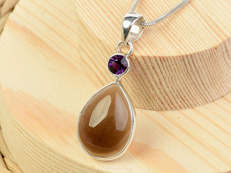 Silver pendant with drop of smoke and amethyst Ag 925/1000