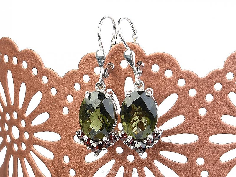 Oval earrings with moldavites and garnets Ag 925/1000 + Rh checker top