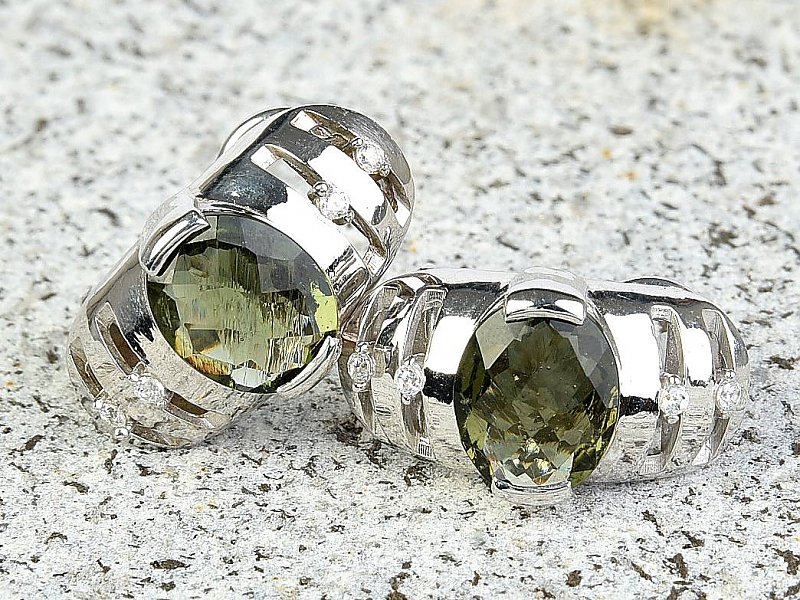 Moldavite and zircons earrings checker top cut Ag 925/1000 + Rh