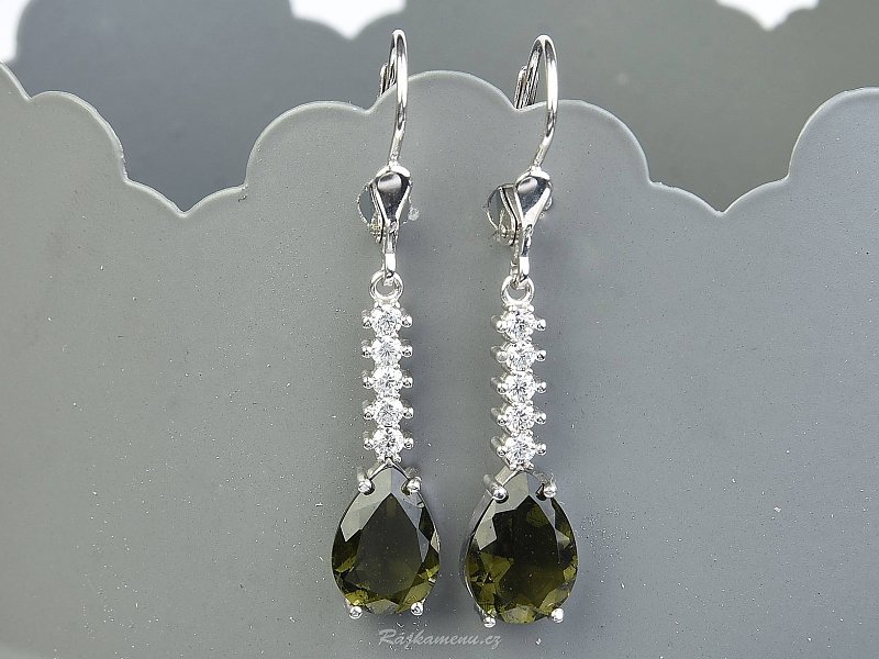 Drop earrings with moldavites and zircons Ag 925/1000 + Rh standard cut