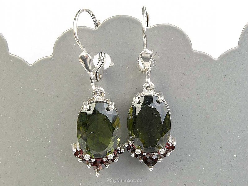 Oval earrings made of moldavites and garnets Ag 925/1000 + Rh