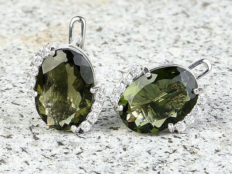Oval earrings with moldavites and zircons Ag 925/1000 + Rh