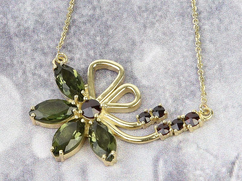 Vltavín a granát zlato náhrdelník květina Au 585/1000 14K 45cm (8,92g)