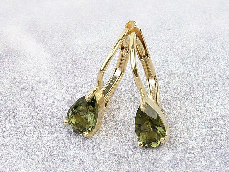 Earrings moldavite drop standard cut Au 585/1000 14K gold