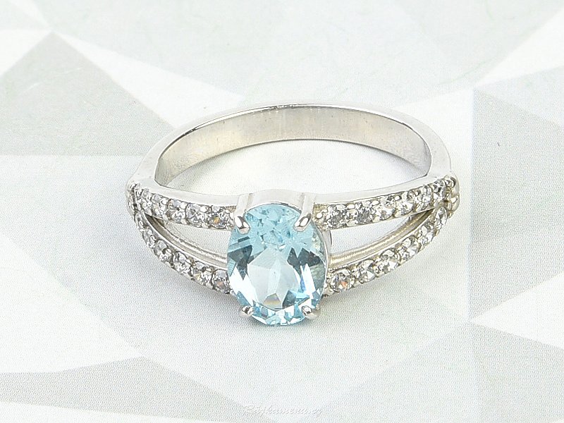 Blue topaz ring and zircon oval 8 x 6mm Ag 925/1000