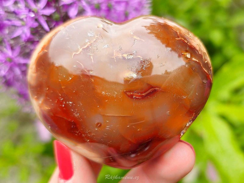 Heart made of carnelian stone in the palm of 6.1 cm