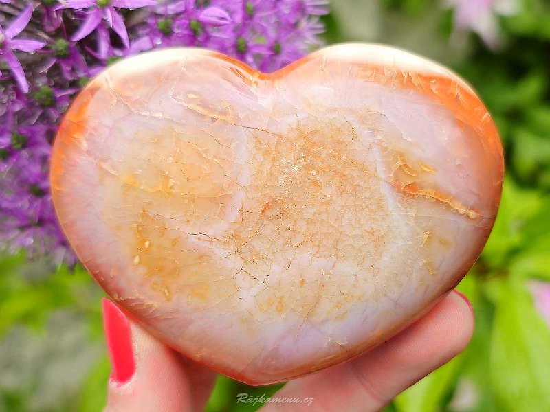 Smooth carnelian heart in the palm of 6.4 cm