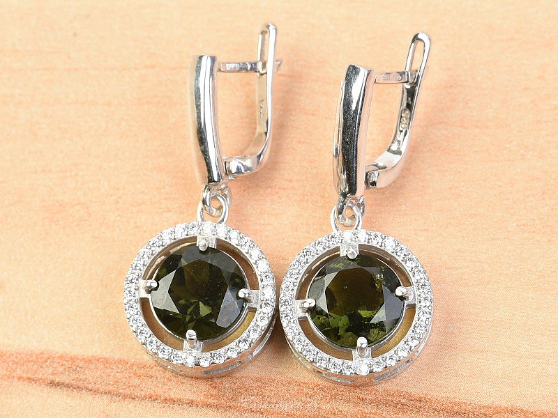 Moldavite round earrings with cubic zirconia Ag 925/1000 Rh