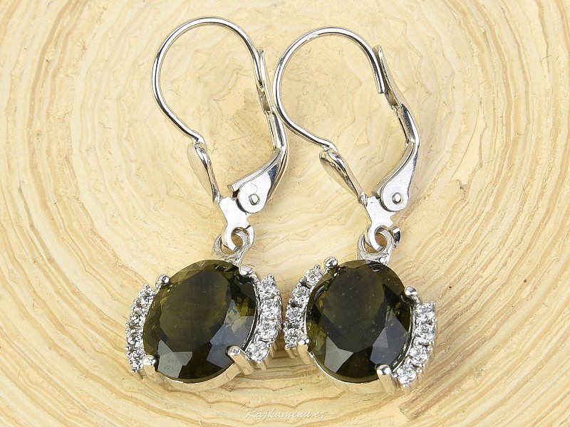 Moldavite oval earrings with cubic zirconia and silver, Rh