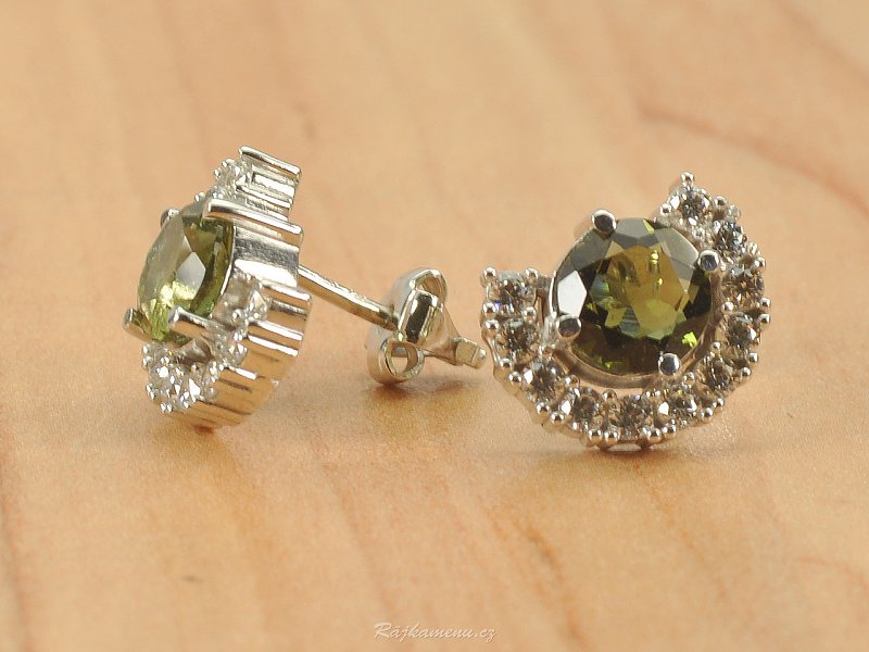 Moldavite semicircle earrings with cubic zirconia and silver, Rh