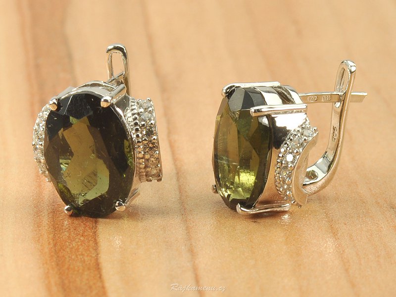 Earrings oval with moldavite and zircon 925/1000 Ag + Rh