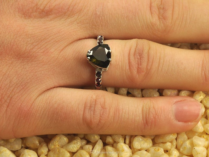 Moldavite ring with garnets 925/1000 Ag + Rh