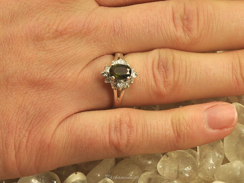 Prsten ovál s vltavínem a zirkony Ag 925/1000 + Rh