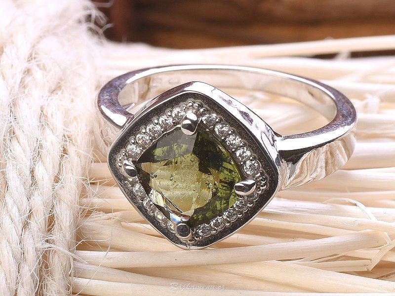 Ring with moldavite and zircons 8 x 8mm Ag 925/1000