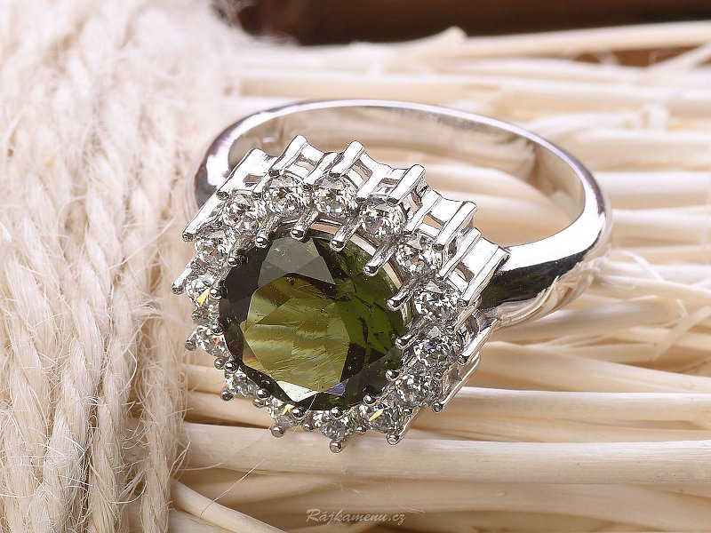 Ring with moldavite and zircons 10 mm standard cut 925/1000 Ag + Rh