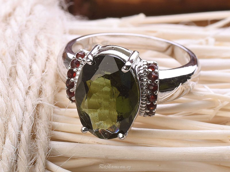 Ring with moldavite and garnets oval 14 x 10 mm 925/1000 Ag + Rh