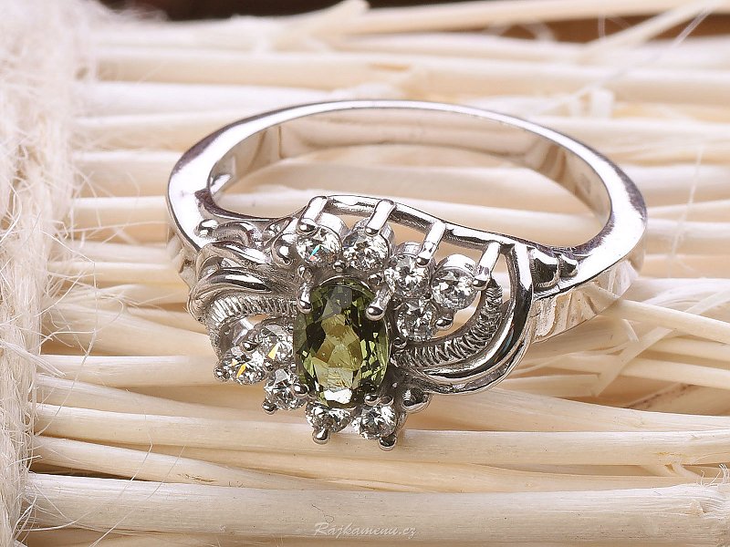 Elegantní vltavínový prsten se zirkony Ag 925/1000 + Rh