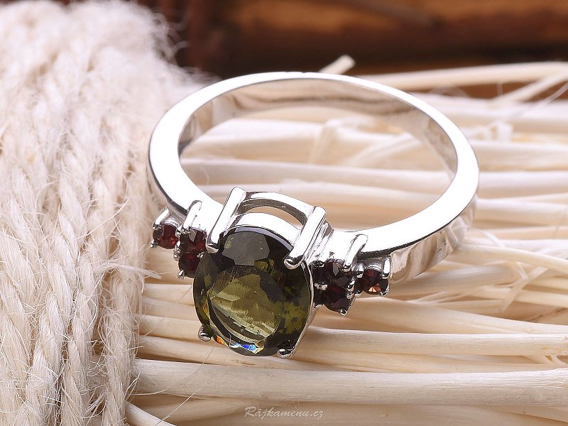 Ring with moldavite and garnets Oval 925/1000 Ag + Rh