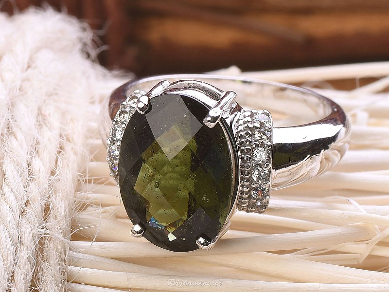 Ring with moldavite and zircons 14 x 10 mm oval 925/1000 Ag + Rh
