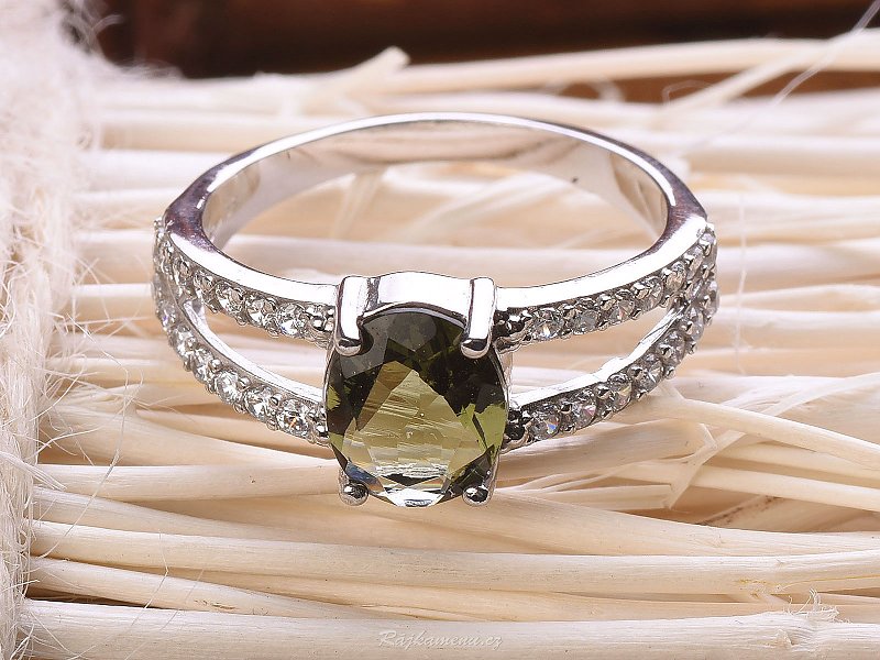 Ring with moldavite and zircon oval 925/1000 Ag + Rh