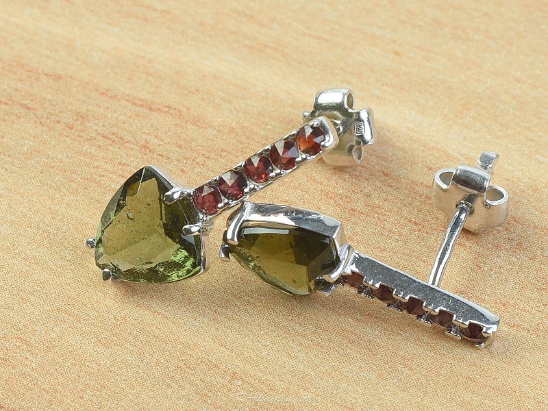 Earrings trine with moldavite and garnets standard cut Ag 925/1000 + Rh