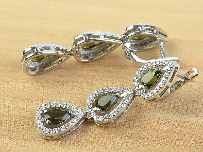 Earrings with luxury moldavites 3 drops 925/1000 Ag + Rh