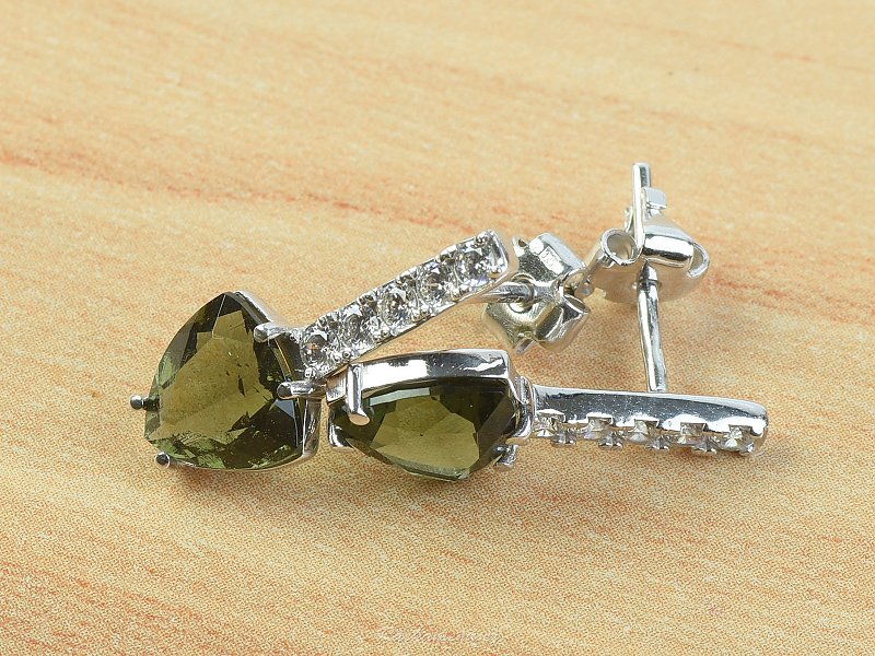 Earrings trine with moldavite and zircon standard cut 925/1000 Ag + Rh