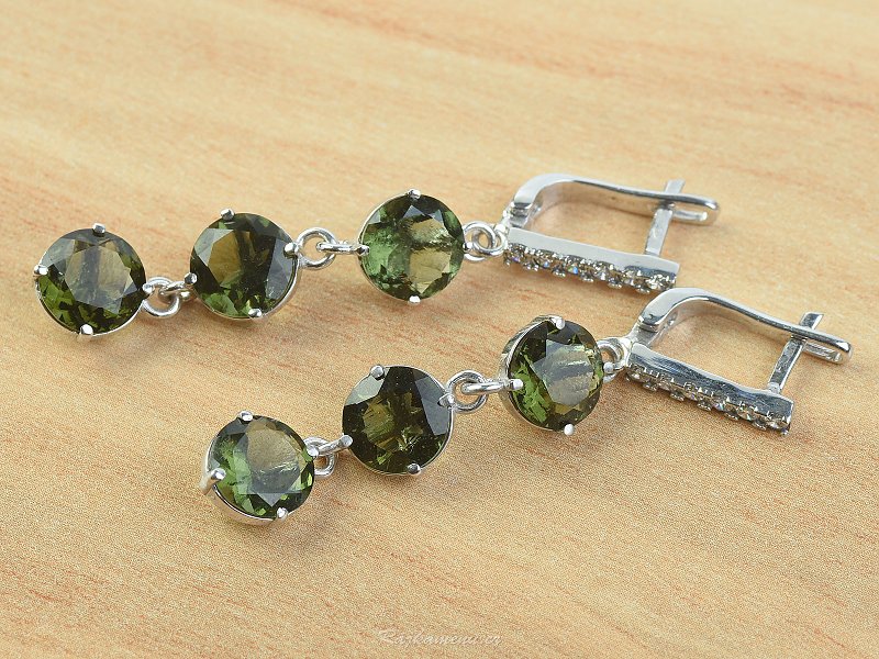 Earrings with zircon and moldavites trio Round 9 mm standard cut 925/1000 Ag + Rh