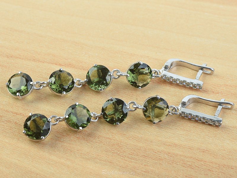 Earrings and pendant with zircons moldavites Round 8 mm standard cut 925/1000 Ag + Rh