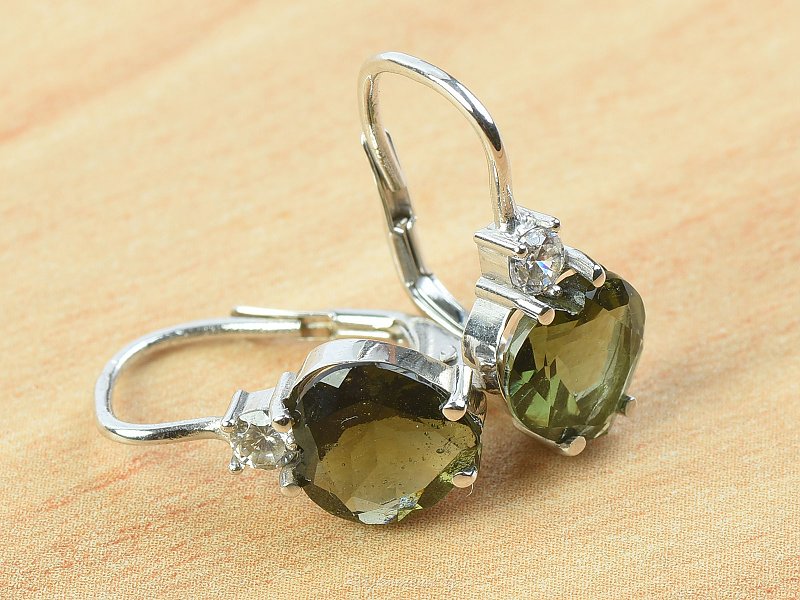 Earrings with moldavite and zircons Heart 8 x 8 mm standard cut 925/1000 Ag + Rh