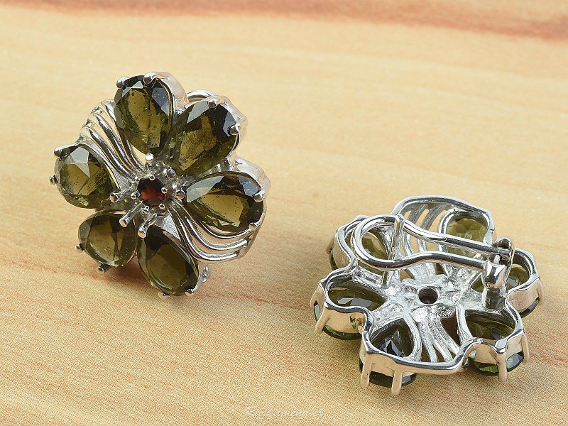 Luxurious earrings with moldavites and grenade standard cut flower Ag 925/1000 + Rh