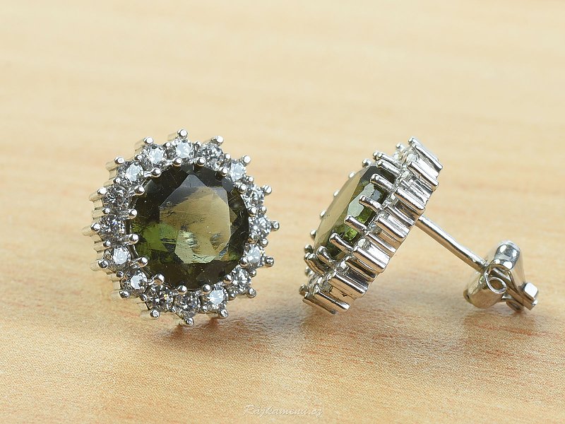 Earrings with moldavite and zircons Round 9 mm standard cut 925/1000 Ag + Rh