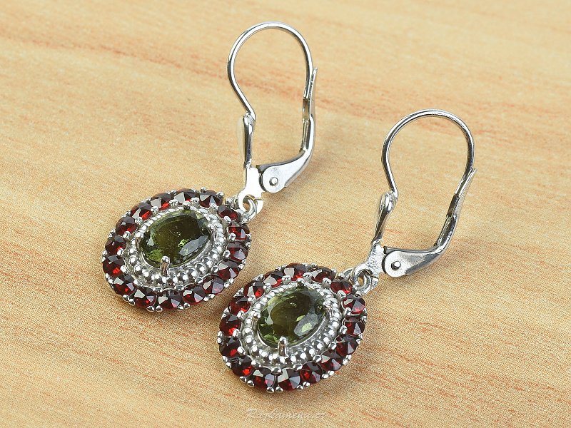 Earrings with moldavite and garnets Oval 925/1000 Ag + Rh