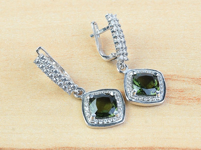 Diamond earrings with moldavite and zircon standard cut 925/1000 Ag Rh