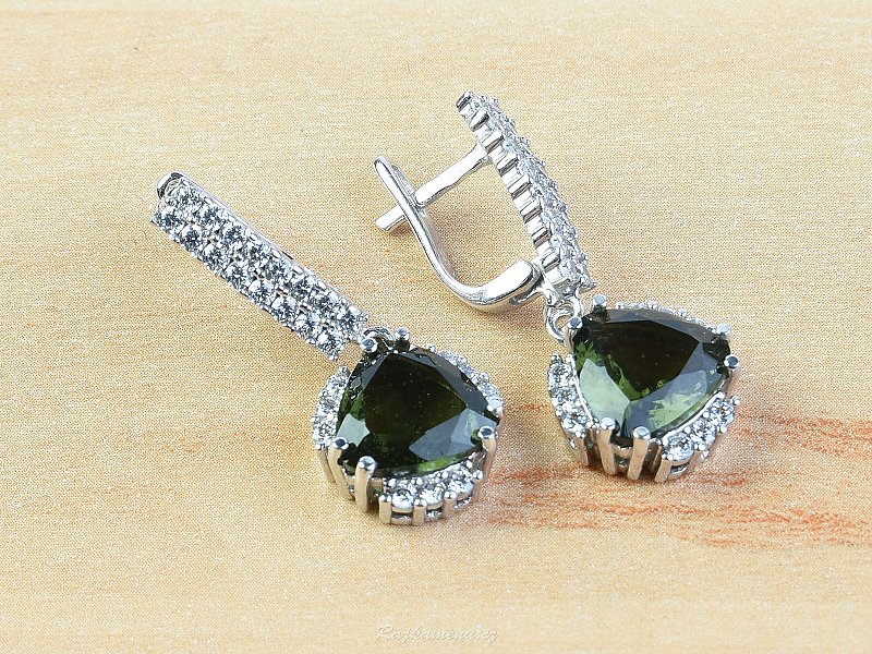 Padlocks earrings with moldavite and zircon standard 10x10mm cut 925/1000 Ag Rh