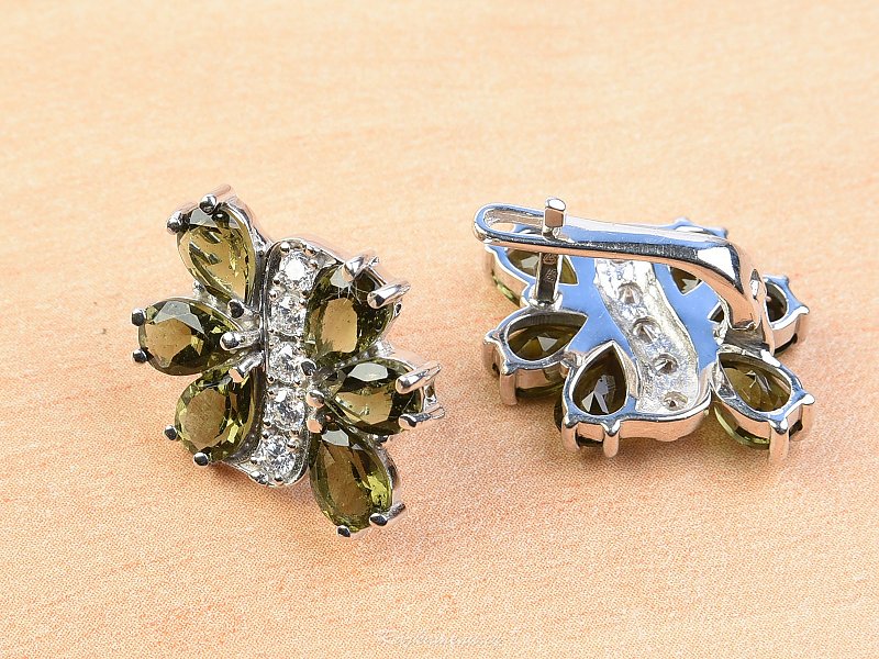 Vltavín and zirconia earrings flower cut 925/1000 Ag + Rh