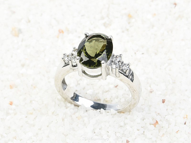 Ring with moldavite and zircon oval 10 x 8mm standard cut 925/1000 Ag + Rh