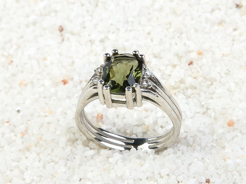 Ring with moldavite and zircon rectangle 9 x 7 mm standard cut 925/1000 Ag + Rh
