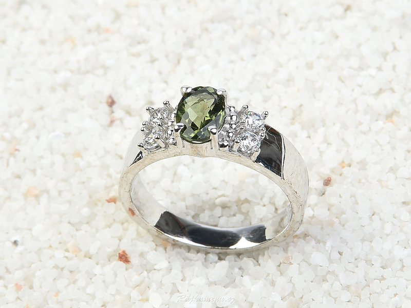 Ring with moldavite and zircons 7 x 5 mm oval checker top cut 925/1000 Ag + Rh